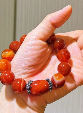 14mm大颗粒天然缠丝红玛瑙玉髓手链柿子红火焰纹单圈 本命年手串