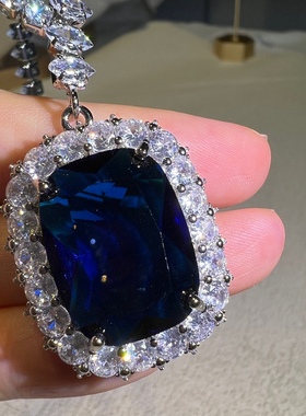 气质名媛风仿真斯里兰卡蓝宝石大方块项链晚装链宴会套链闪耀