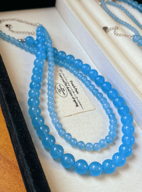 巨显白！复古清冷蓝色海蓝宝色石英岩玉项链新中式串珠圆珠锁骨链