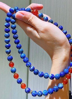 原创设计8mm复古精品天然高品质青金石红玉髓毛衣链项链女