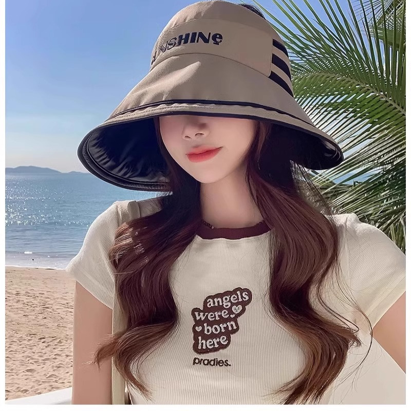 防晒帽子女夏天大檐防紫外线空顶百搭遮阳渔夫帽春夏季黑胶太阳帽 - 图2