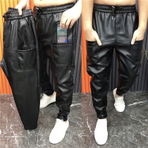 Winter new warm six-pocket leather pants men plus suede thickened bunches pants trendy windproof and waterproof small foot casual pants