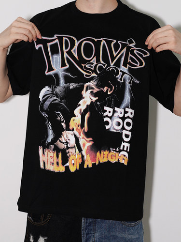 Travis scott嘻哈人像vintageT恤巡演闪电沙漠风格欧美闪电印花男 - 图1