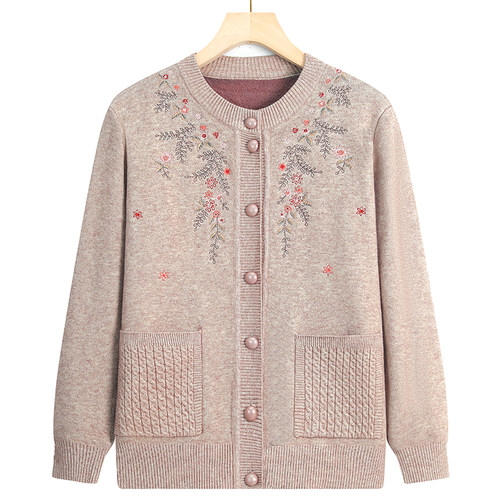 中老年人女奶奶装冬装加绒加厚妈妈针织衫毛衣老太太开衫秋冬外套 - 图3