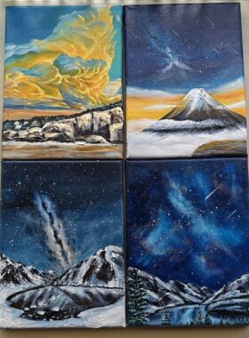 纯手绘迷你风景油画 雪山海景极光主题 创意摆台装饰画可定制