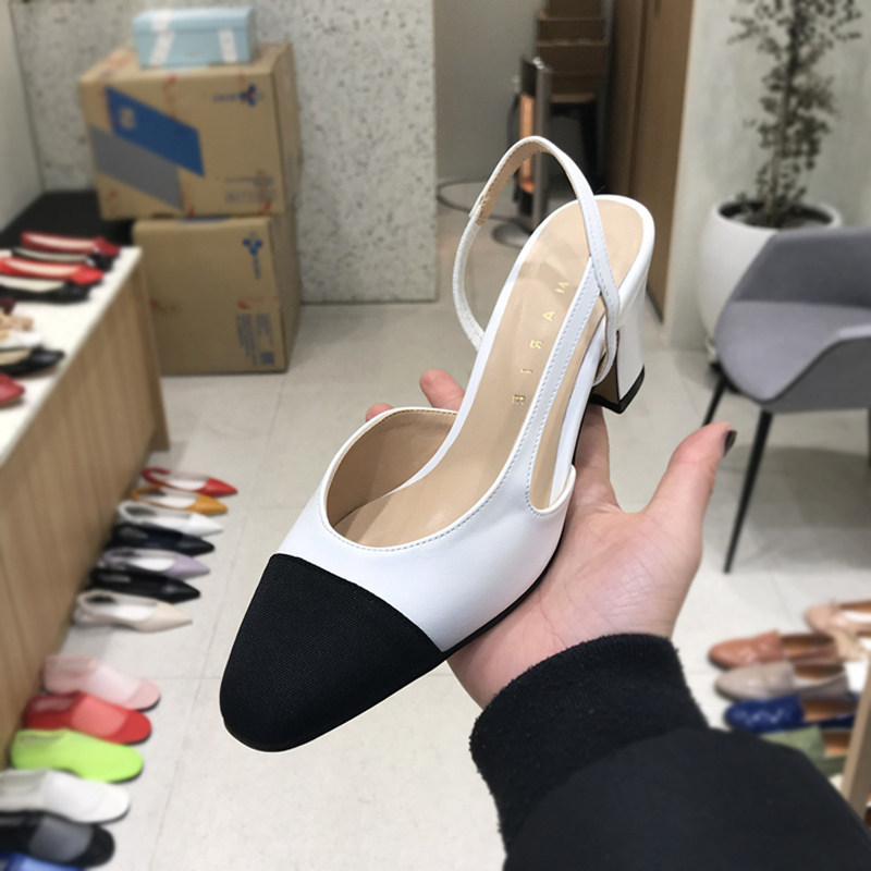 小小苏单鞋女撞色圆头浅口后绊带侧空小粗跟通勤OL高跟鞋B06F - 图1