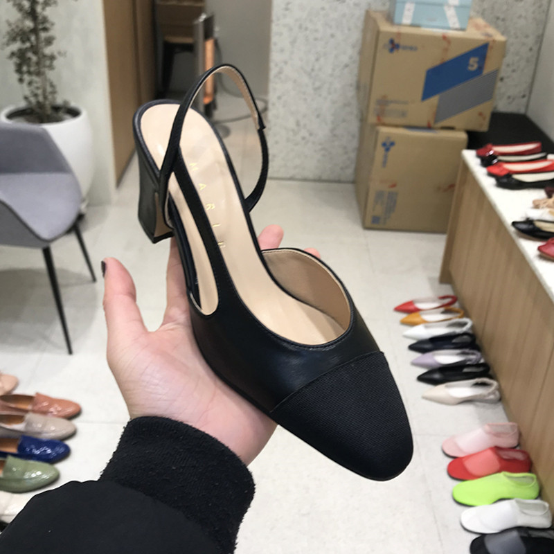 小小苏单鞋女撞色圆头浅口后绊带侧空小粗跟通勤OL高跟鞋B06F - 图2