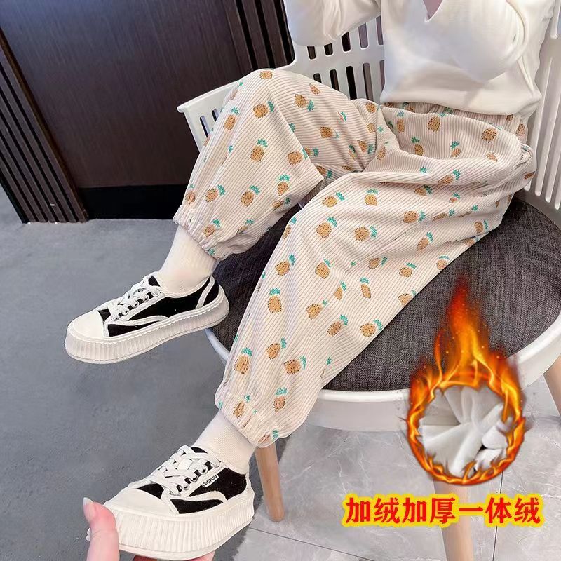 女童裤子秋冬2023新款中小童哈伦裤宽松灯芯绒时尚裤印花束脚裤潮