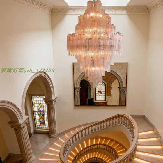 French duplex luxury villa staircase handmade designer glass tube lamp medieval Murano living room long chandelier