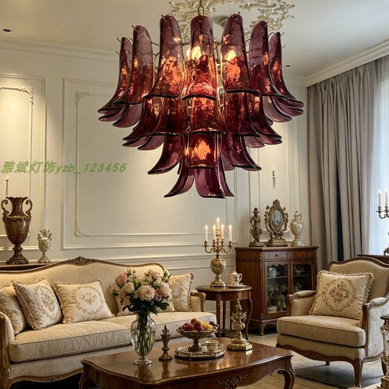 French Munora purple handmade glass lamp villa duplex floor ceiling antique living room restaurant retro chandelier