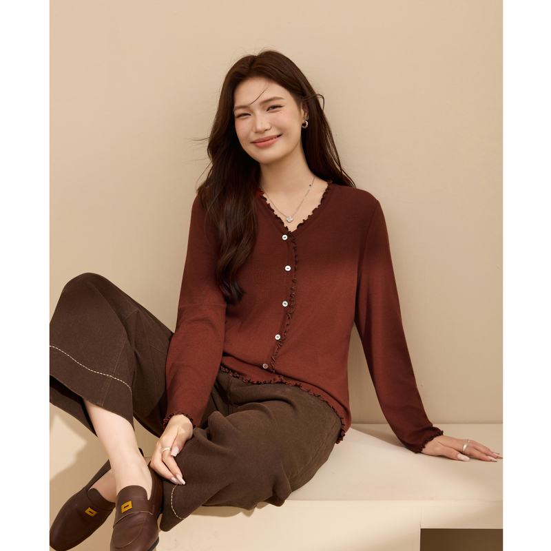 【木耳边软糯针织衫】纤莉秀大码女装V领套头上衣胖mm2025秋新款 - 图1