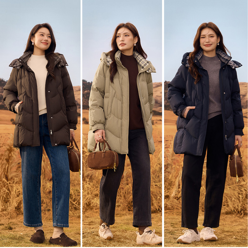 【格子拼接羽绒服】纤莉秀大码女装舒适保暖中长款外套胖mm冬新款