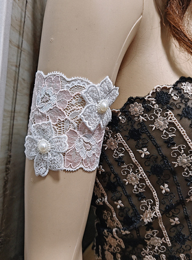 2025蕾丝珍珠花朵遮盖臂围带轻薄透气臂饰臂环女粉松紧臂带单只