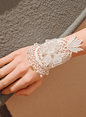2025新款手腕带手护腕女蕾丝白色珍珠蝴蝶结街拍超仙手饰品单只