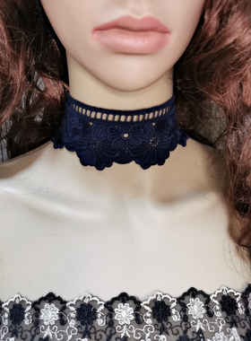 花朵欧美风藏蓝色糖衣蕾丝女