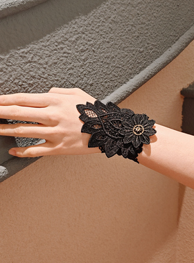 2025新款黑色精致手腕带蕾丝松紧手腕环花朵护腕套单只