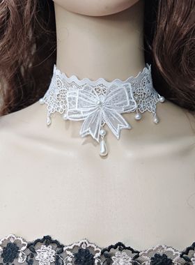 新款欧美风颈带锁骨链珍珠蝴蝶结超仙脖带白色