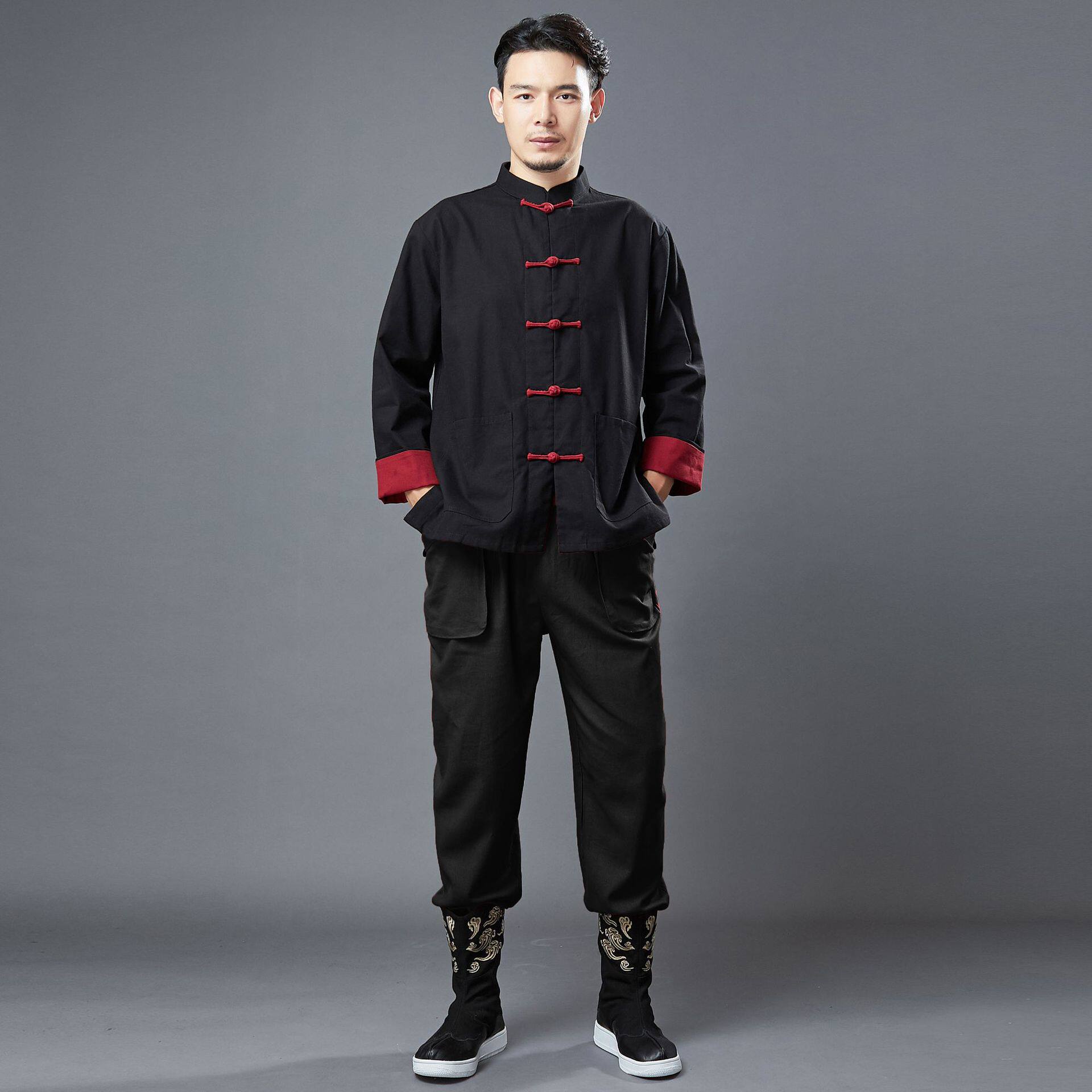 春男装新款宽松棉麻料衬衫对襟上衣禅茶服撞色唐装盘扣开衫布衣
