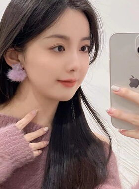 热销紫绿色毛球耳环水貂毛绒绒耳饰秋冬可爱少女现货耳钉2022新款