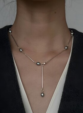 简约豆豆天然灰色高级小众珍珠锁骨链Y字链毛衣链日常百搭项链女