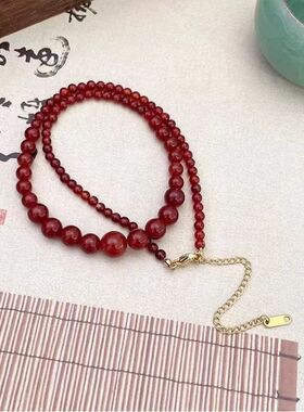 2024新款简约复古显白红色仿玛瑙项链高级感气质锁骨链小众串珠女