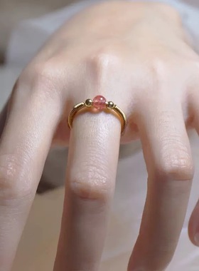 天然草莓晶粉水晶原石手编戒指百搭饰品配件