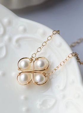 天然珍珠四叶草项链包金注金配饰