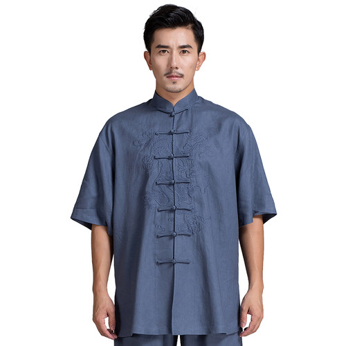 古韵中华亚麻短袖刺绣太极服男夏季太极拳练功服武术长袖高档春秋 - 图3