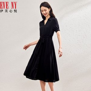 EVENY伊芙心悦夏季新款时尚翻领系带休闲通勤短袖连衣裙女
