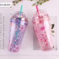 Korean Version Cherry Blossom Flash Sheet Double Layer Covered Ice Cup Summer Ice Cup Juice Cups Plastic Straws Refrigeration Broken Ice Cups