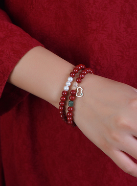 真红朱砂紫砂串珠双圈手串弹力