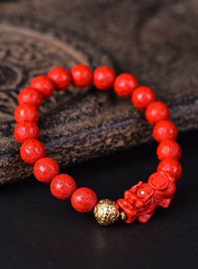 朱砂百珠貔貅手链单圈手串朱砂真