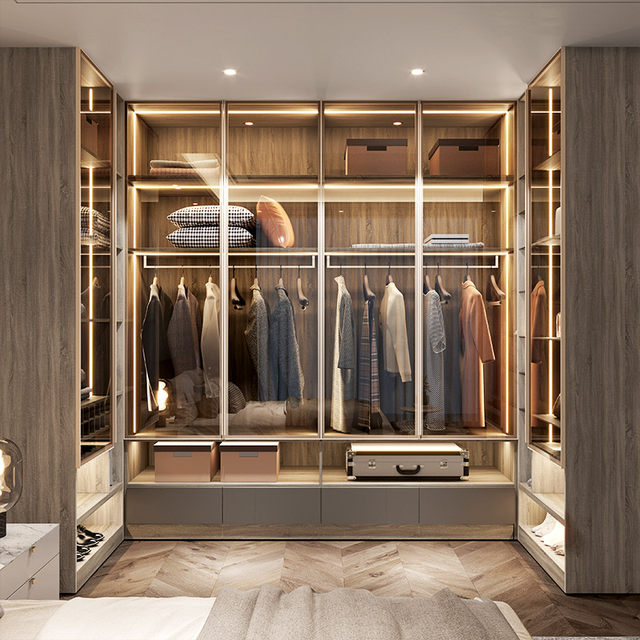 Gold Medal Wardrobe Glass Door Light Luxury Cloakroom Furniture Whole House Customized Home Bedroom Integrated Cabinet
