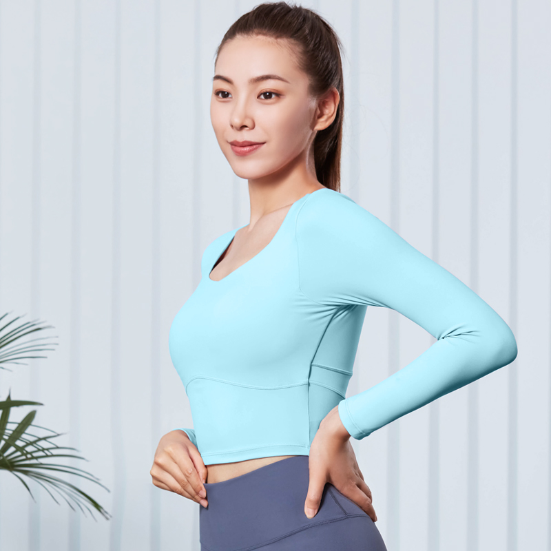 依琦莲瑜伽服T恤网纱运动服健身服跑步服带胸垫一体长袖速干上衣