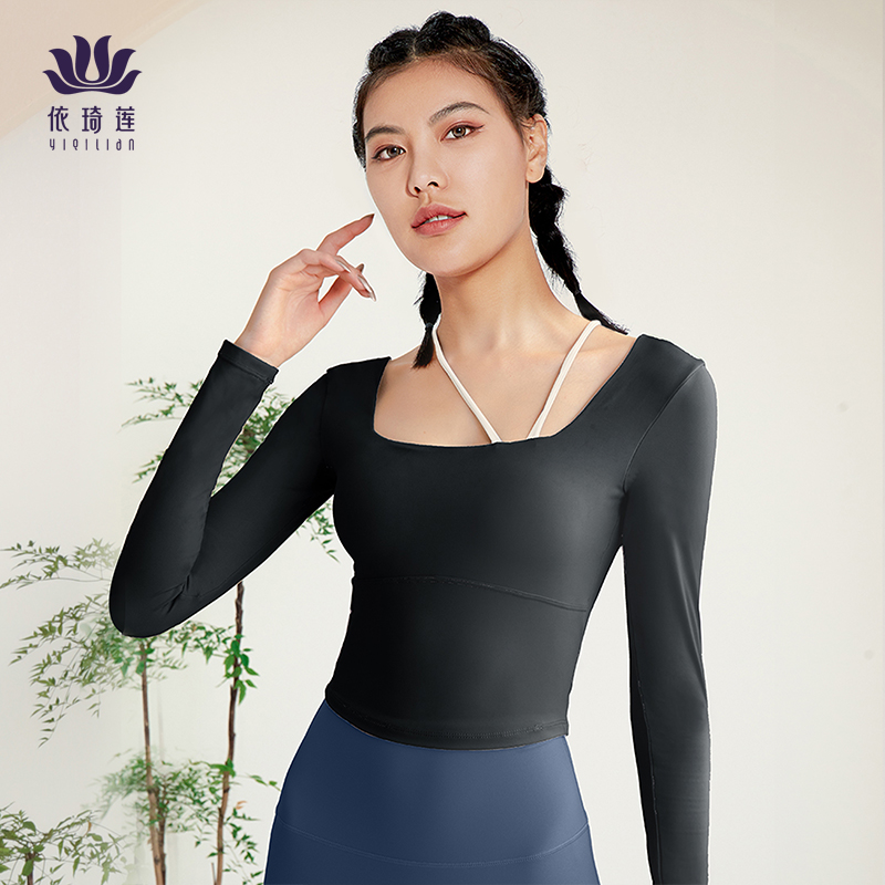 依琦莲瑜伽服长袖女绑带T恤撞色肩带方领蝴蝶美背健身服短款上衣