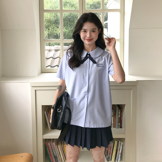 Blue Thai school uniform short sleeve Thai shirt for women