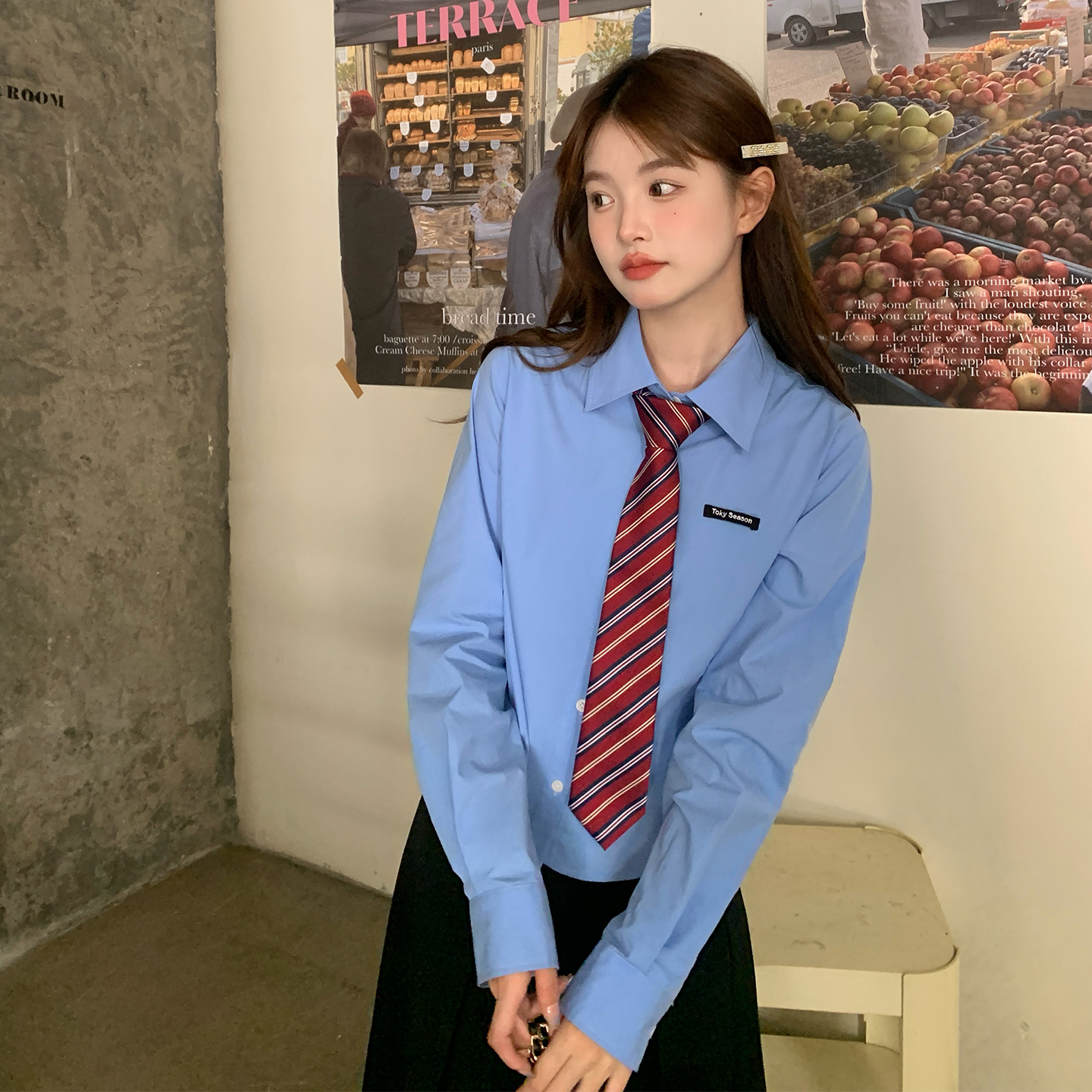 东京岁时记jk秋季百搭学院风蓝色长袖衬衫女基础款宽松衬衣上衣 - 图2