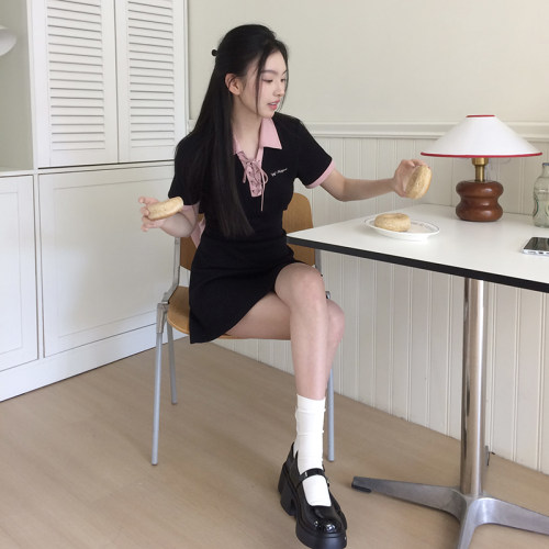 东京岁时记jk小个子显高连衣裙收腰修身显瘦撞色连衣裙女荔枝沙冰 - 图3
