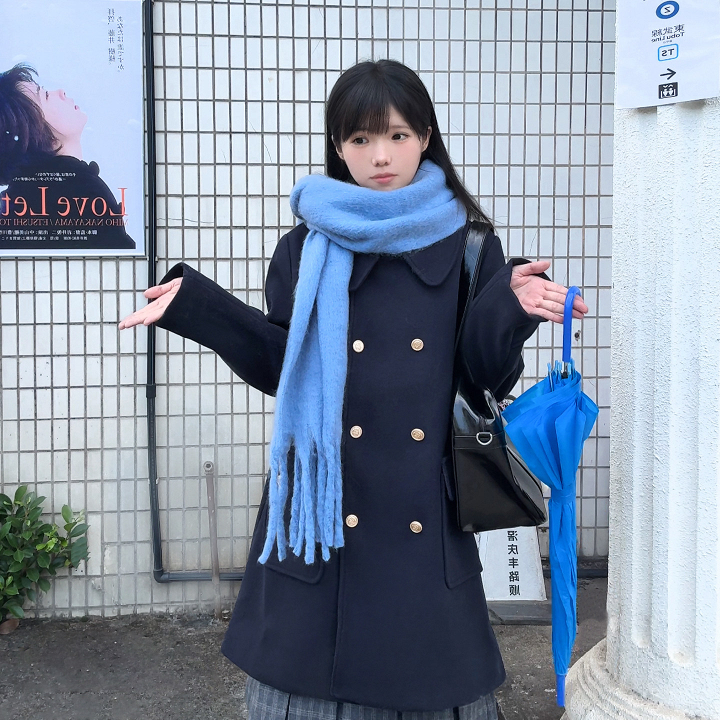 东京岁时记jk秋冬日系学院风双排扣大衣女小个子藏青色中长款外套,淘宝优惠券,粉丝福利购,淘宝优惠卷