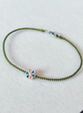 纯手工编织手绳脚链纯银配饰景泰蓝小花绿色手绳