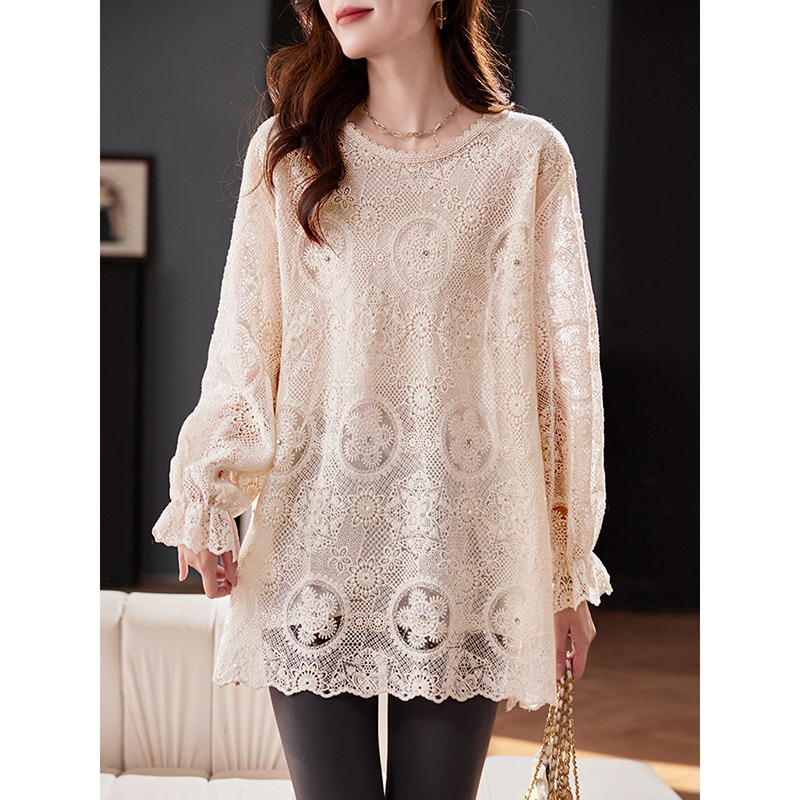 宝诗黎圆领钉珠刺绣镂空雪纺衫2026春季气质宽松洋气百搭衬衣女,淘宝优惠券,粉丝福利购,淘宝优惠卷