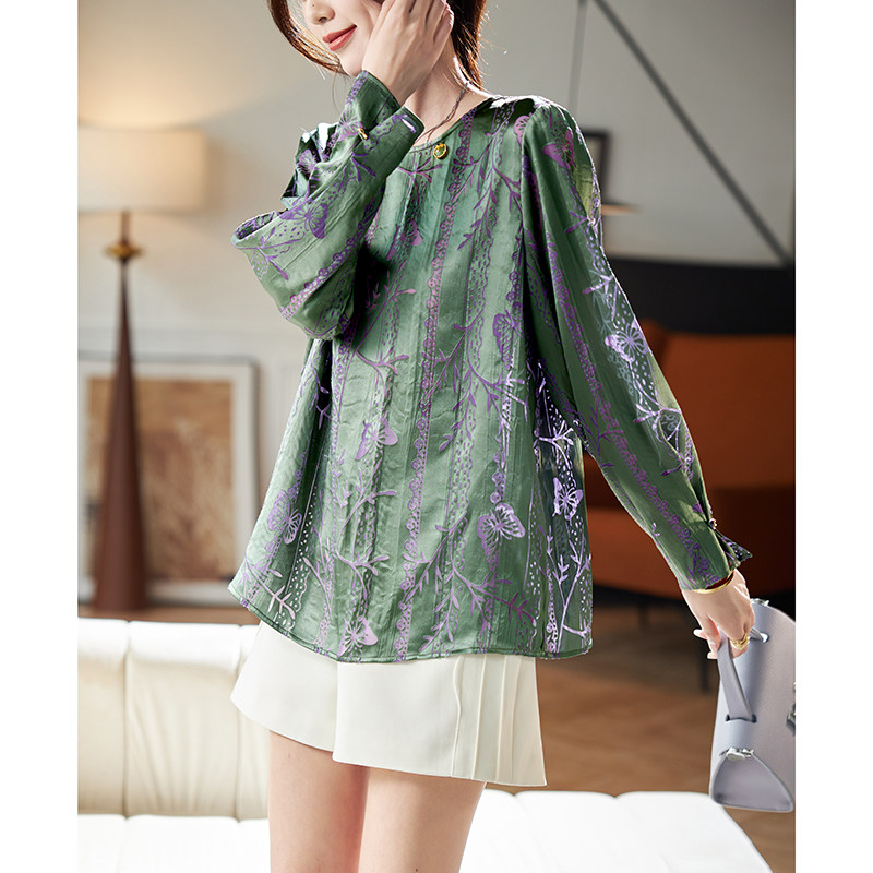 宝诗黎圆领印花宽松长袖雪纺衫女2026春季气质洋气百搭小衫上衣,淘宝优惠券,粉丝福利购,淘宝优惠卷