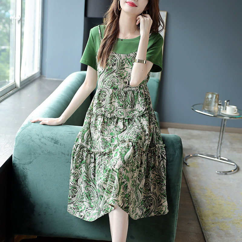 宝诗黎假两件吊带印花连衣裙女2025夏季新款拼接宽松雪纺裙子短袖,淘宝优惠券,粉丝福利购,淘宝优惠卷