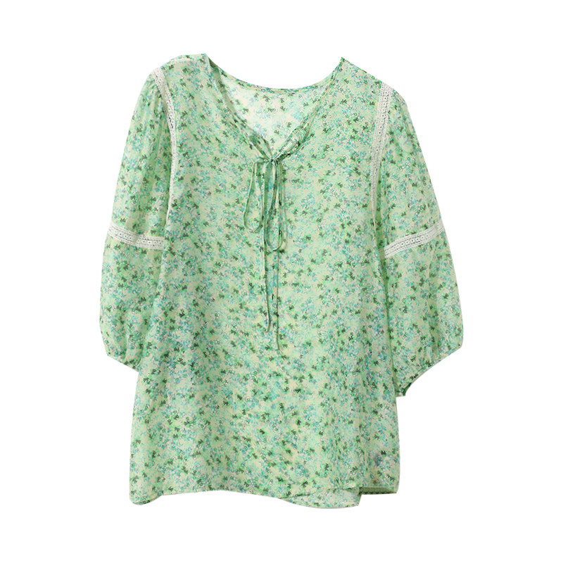 宝诗黎碎花系带雪纺衫蕾丝拼接气质小衫2025夏季新款宽松短上衣女,淘宝优惠券,粉丝福利购,淘宝优惠卷