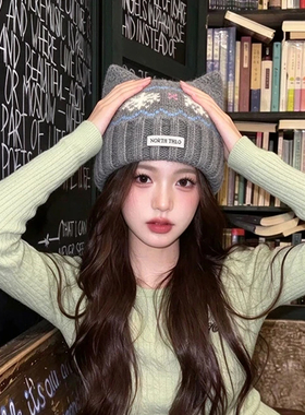 甜美显白雪花猫耳毛线帽女新款秋冬加厚保暖显脸小百搭护耳针织帽