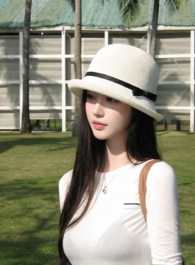 高级感赫本风卷边礼帽女夏季透气遮阳百搭优雅灯罩式显脸小渔夫帽