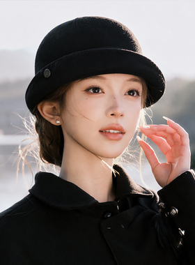 黑色羊毛张婧仪同款渔夫帽女秋冬保暖修饰脸型洋气时髦翻檐礼帽潮