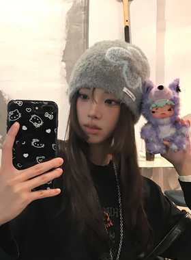 蓝色提花针织韩系复古堆堆帽女保暖显脸小秋冬包头百搭新款冷帽潮