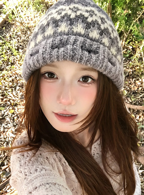新款提花费尔岛风针织帽女秋冬加厚保暖显脸小护耳防寒包头雷锋帽