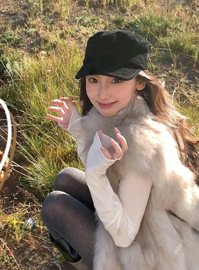中古风秋冬新款麂皮绒贝雷帽女平顶宽檐显脸小气质时尚洋气马术帽